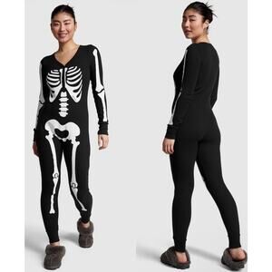 PINK Victoria's Secret Halloween Thermal Black Skeleton Long Johns Onsie Size XL